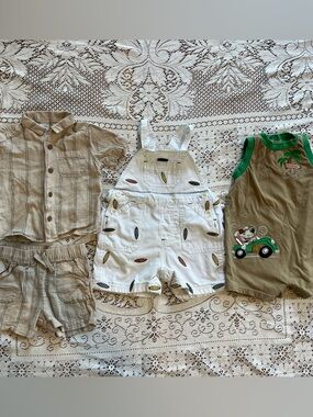Lot of 4 baby boy 12mo summer beach outfit bundle overalls romper Tshirt shorts